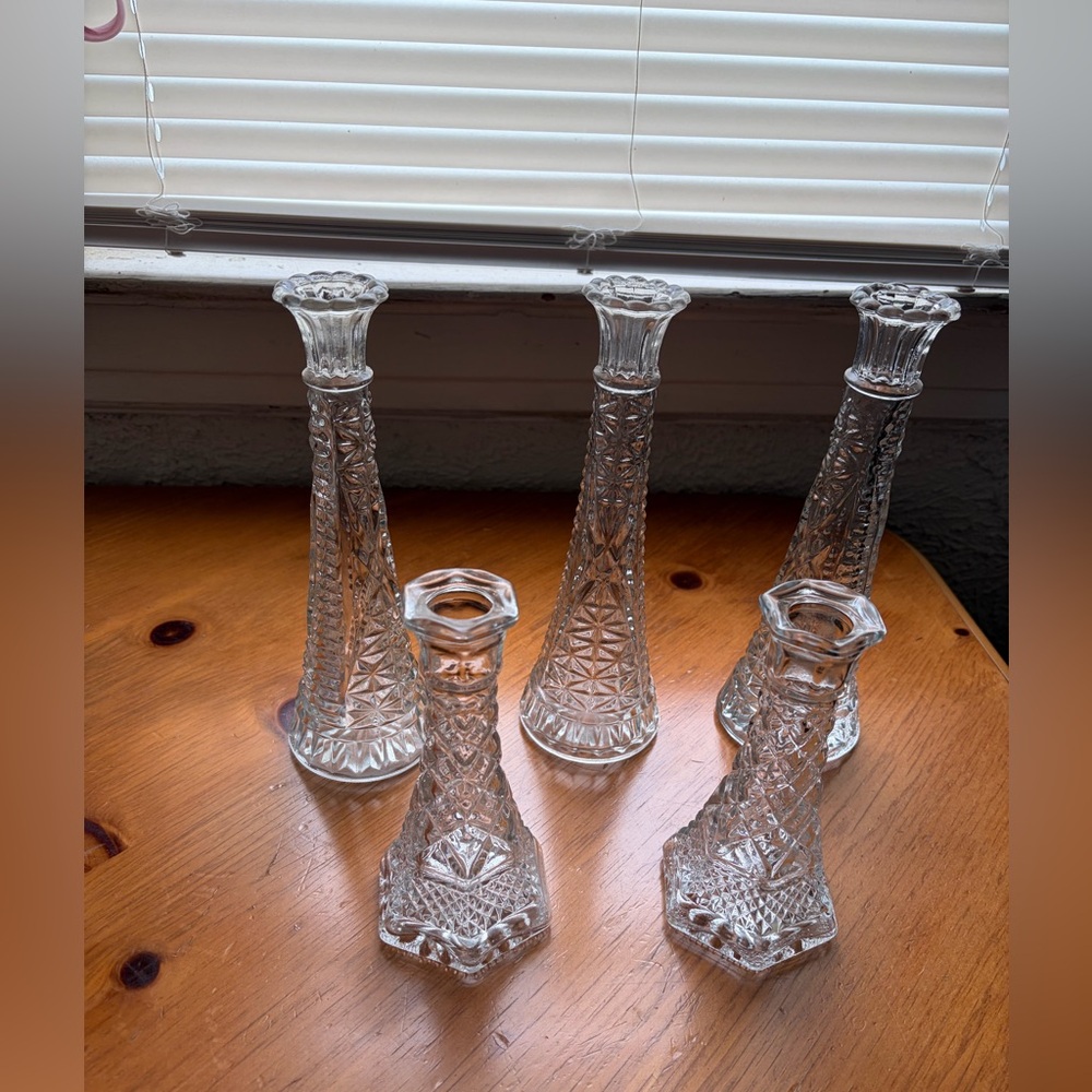 Set of 5 Vintage Clear Glass Vases or Candle Holders
